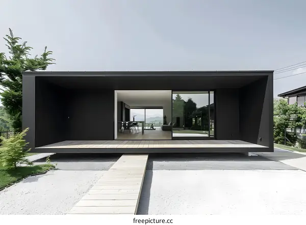 Modern Black Minimalist House Exterior With Wooden Walkway