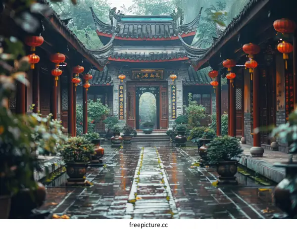 Courtyard with red lanterns and green plants