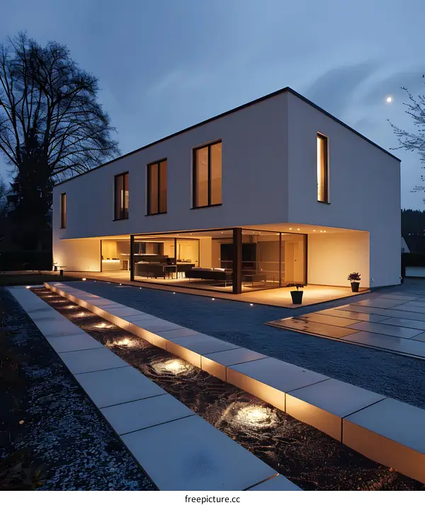 Modern White House with a Water Feature in the Yard