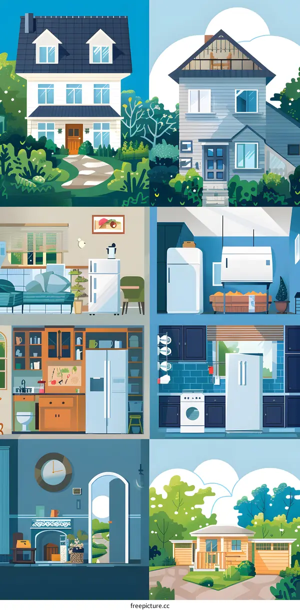 Illustrated Collage of House Interiors and Exteriors