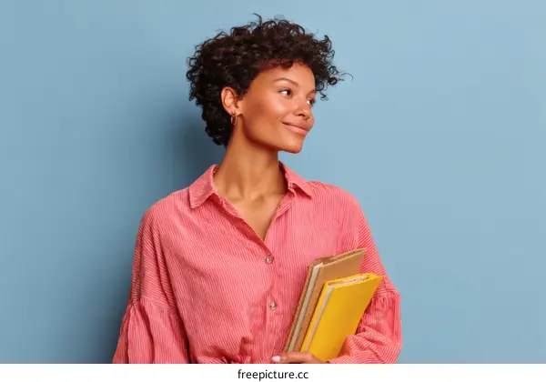 Young Woman Holding Books against a Pastel Background