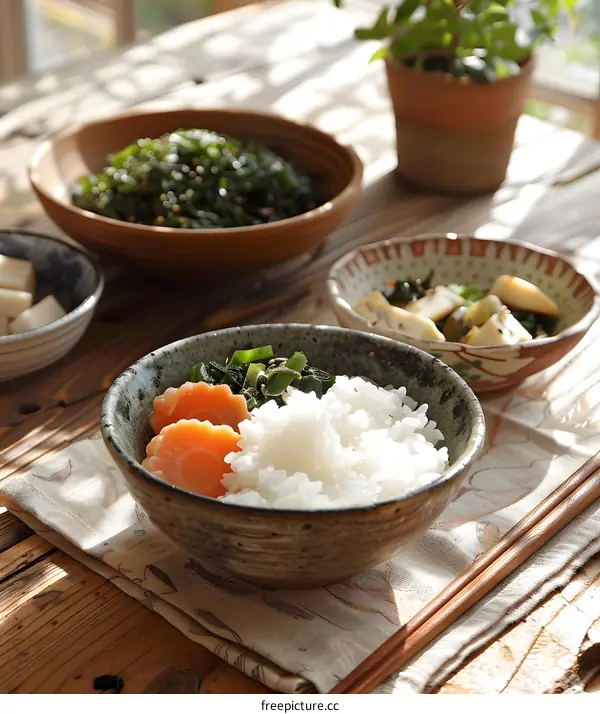 Japanese Cuisine Food Rice Bowl With Carrots And Green Vegetables