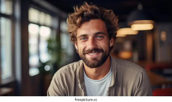 Portrait of a smiling young man with curly hair and beard