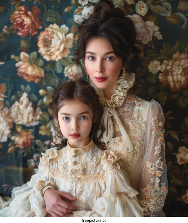 Vintage Portrait of Mother and Daughter in Elegant Dress