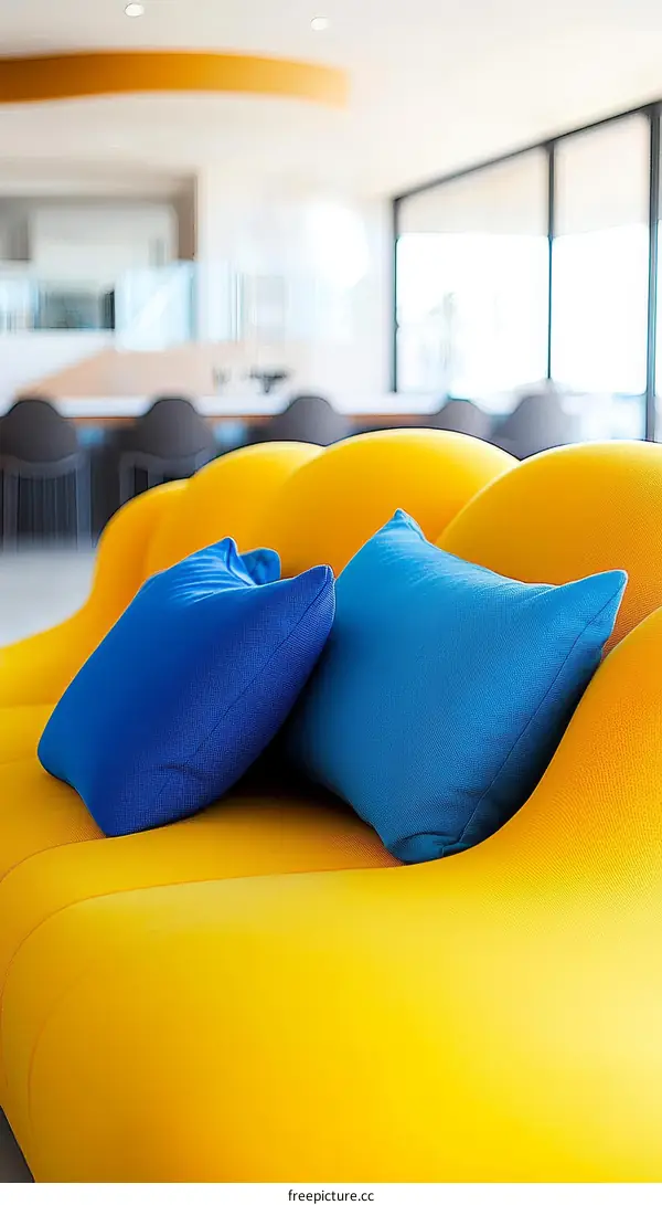 Modern Yellow Sofa with Blue Pillows in a Bright Living Room