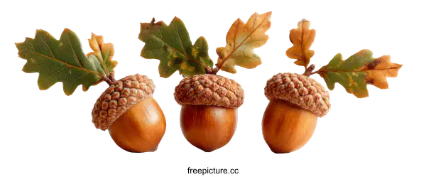 [Transparent Background PNG]Three Acrons with Autumn Leaves on White Background