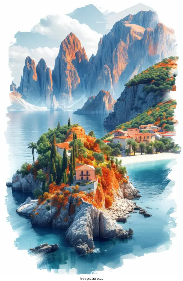 Rocky seacoast with autumn trees and houses