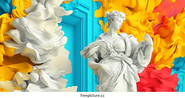 White Marble Statue of a Woman in a Colorful Abstract Background