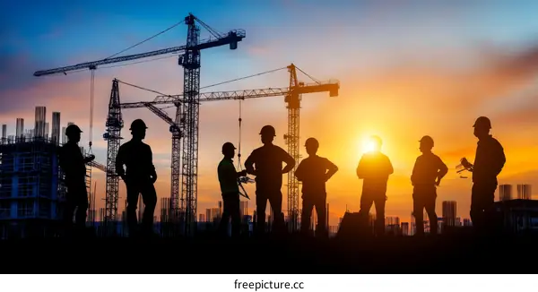 Construction Workers Silhouette at Sunset