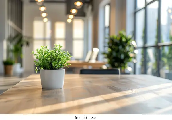 Potted plant on a wooden table in a modern office
