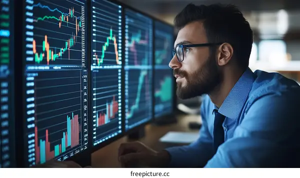 Businessman Analyzing Financial Data on Multiple Screens