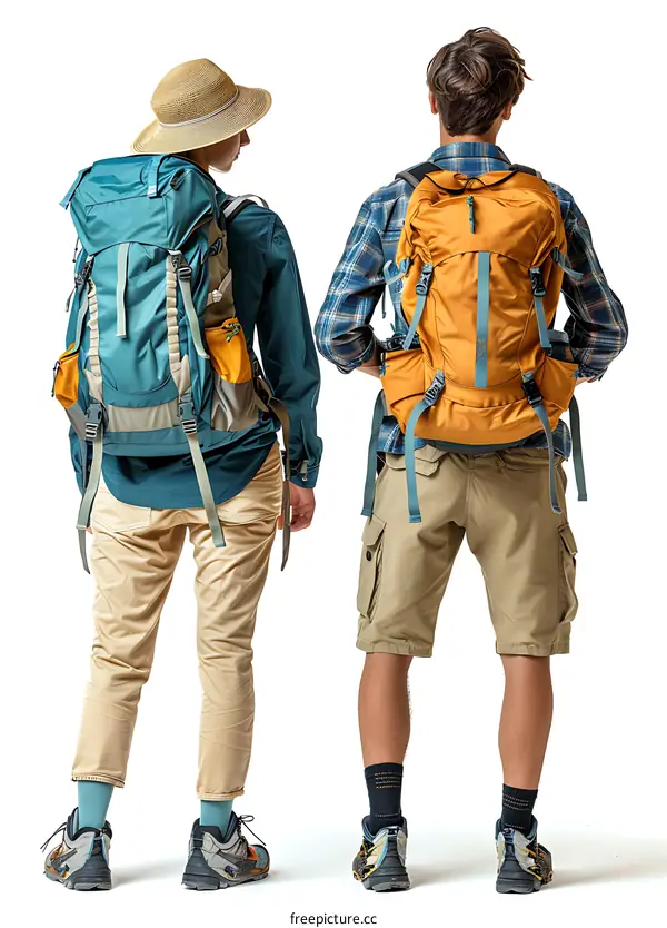 Hikers with backpacks facing away from camera