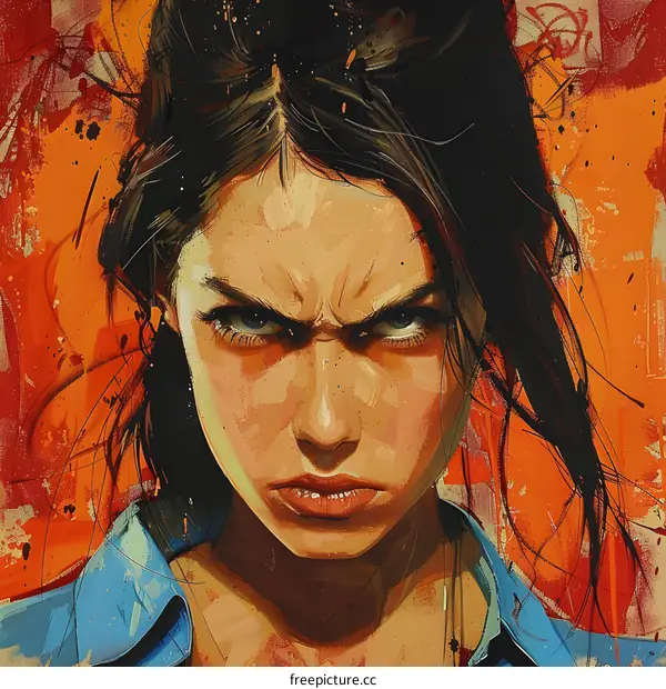 portrait of a young woman with brown hair and blue eyes looking at the viewer with an angry expression