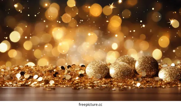 Golden Christmas balls on a dark background with a shiny bokeh