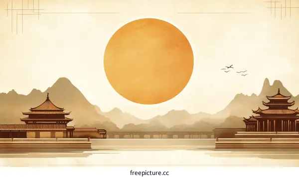 Classic Chinese Landscape Illustration with Pagoda and Sun