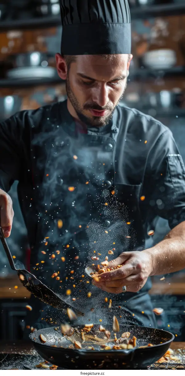 Focused male chef tossing ingredients in a pan