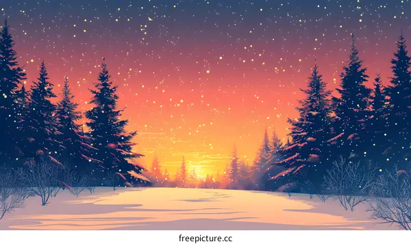 The setting sun shines through the snow covered trees