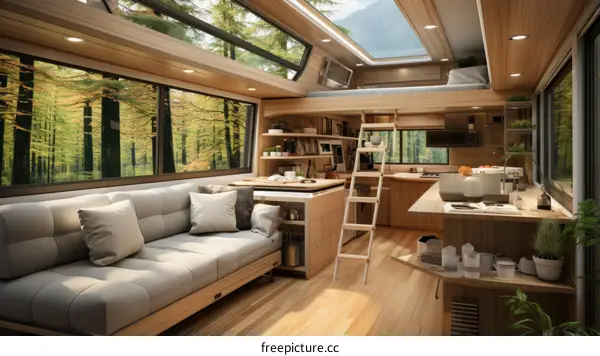 Cozy Camper Van Living Space with Large Windows and Skylight