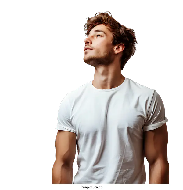 [Transparent Background PNG]portrait of a handsome young man with brown hair and blue eyes wearing a white t-shirt looking up