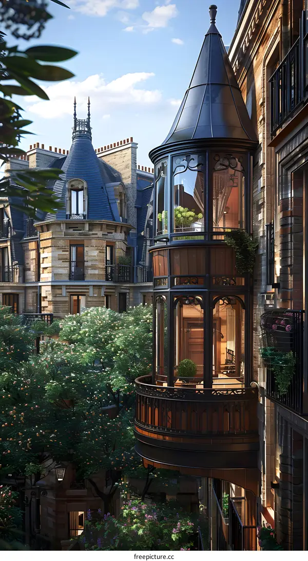 European-style buildings with bay windows and balconies