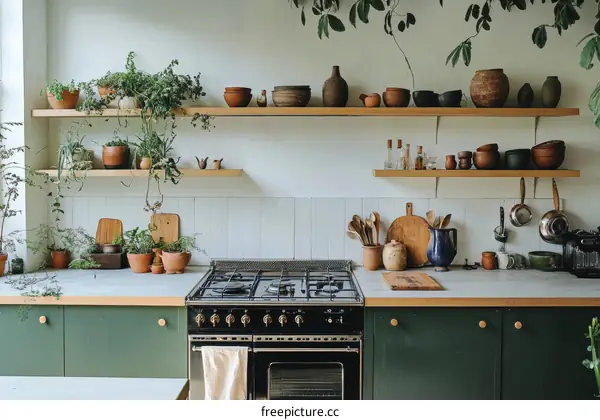 Rustic Kitchen with Plants and Wooden Shelves