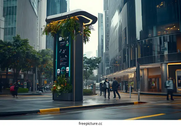 Modern Digital Signage with Greenery in a City Street