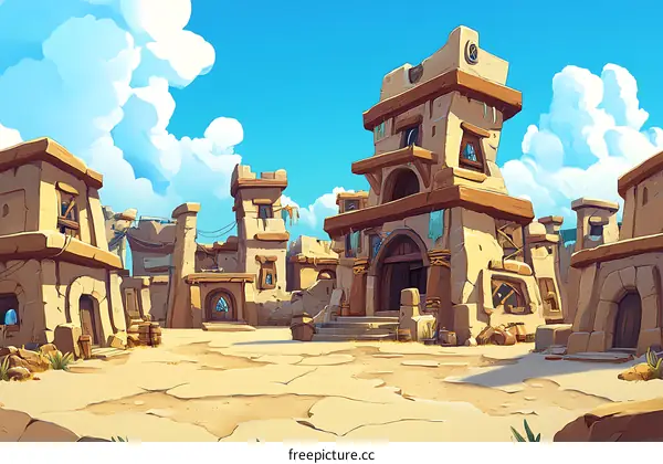 Desert Town Illustration With Buildings And Sky
