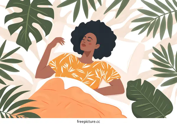 Woman Sleeping in Bed Surrounded by Tropical Leaves