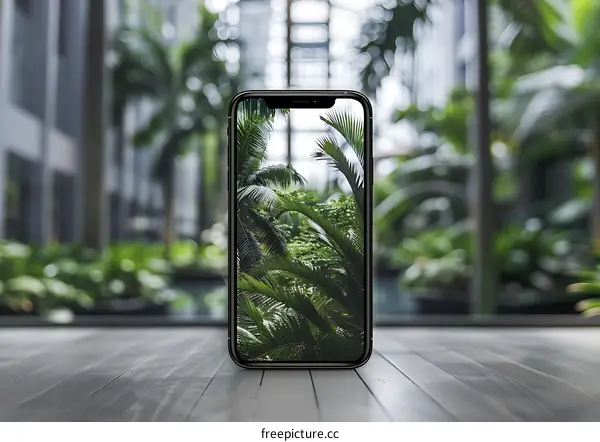 Smartphone Mockup with Green Foliage Background
