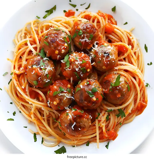 A plate of spaghetti and meatballs