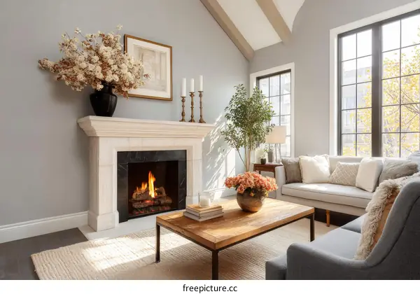 Modern Living Room with Fireplace and Large Windows