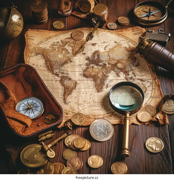 Vintage world map with compass, magnifying glass and old coins