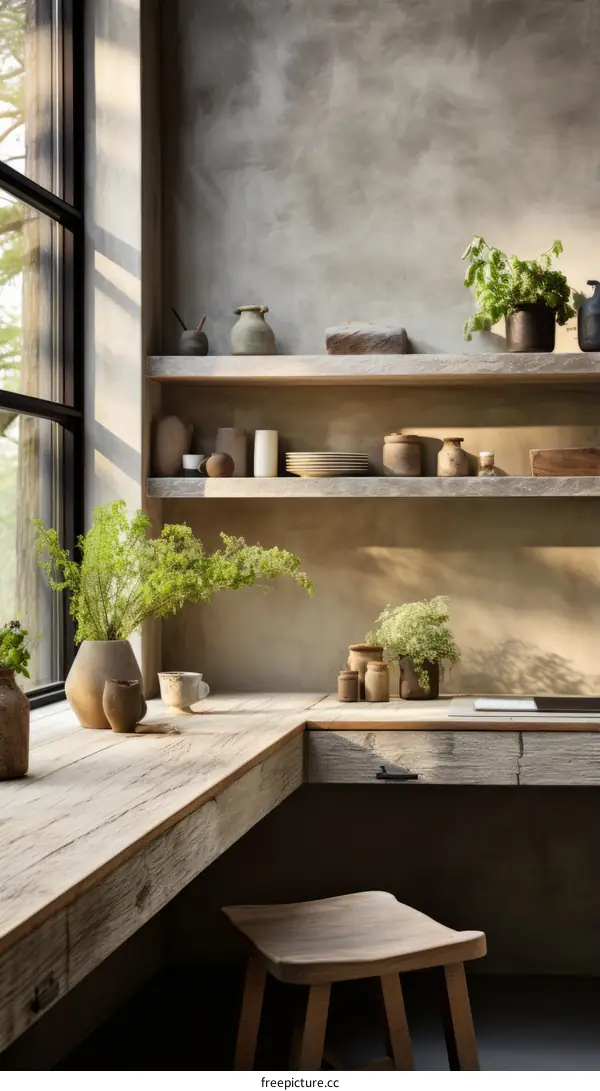 Kitchen Shelves with Plants and Pottery