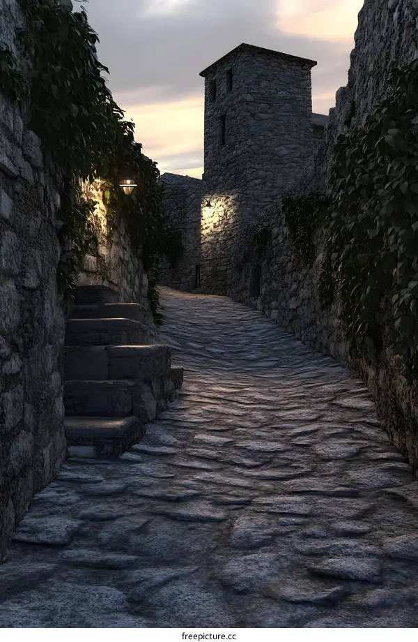 Stone Pathway Leading to a Tower in an Ancient Town