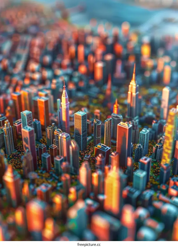 A miniature city with skyscrapers and trees under the sunlight