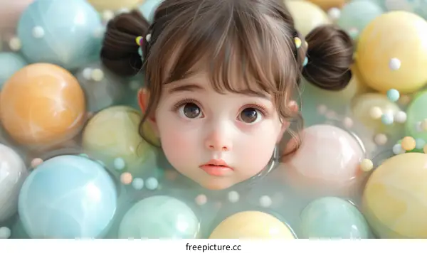 An adorable little girl is taking a bath in a bathtub full of colorful balls