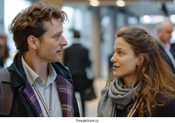 A man and a woman are talking to each other in a hallway