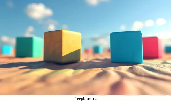 Colorful Wooden Blocks on Sandy Beach with Blue Sky
