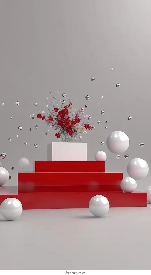 Modern Red and White Geometric Display Podium with Flowers