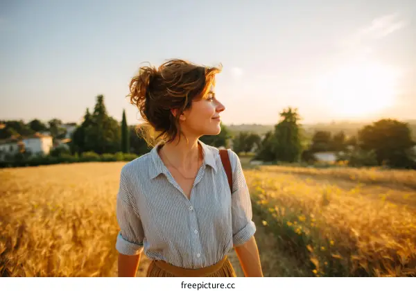 Woman Exploring Golden Field at Sunset