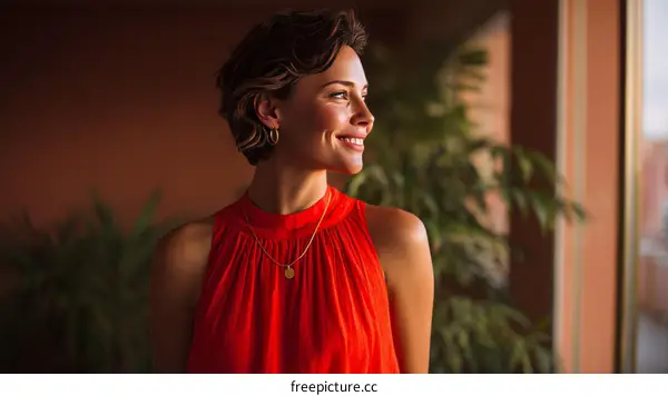 Smiling Woman in Red Dress by Window