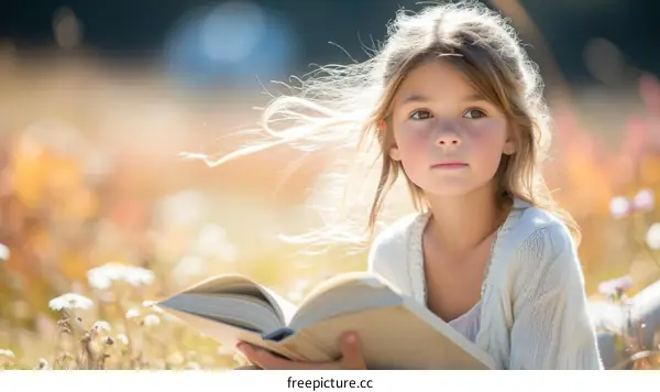 Little girl reading a book in a field of flowers