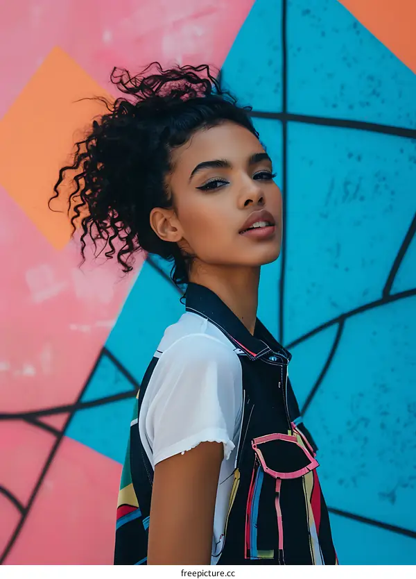 Portrait of a Black Woman with Curly Hair in Front of a Colorful Wall