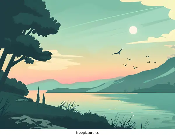 Beautiful Landscape with Mountains and Lake at Sunset