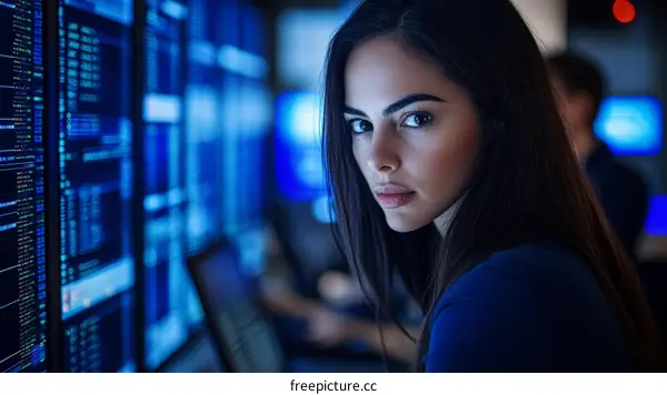 Focused Woman in a Data Center