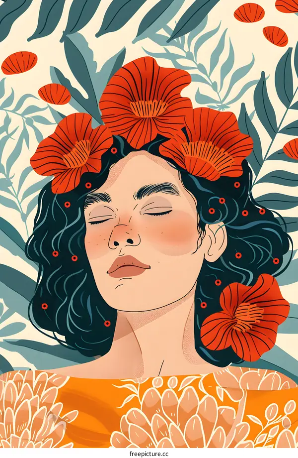 Woman with Closed Eyes Surrounded by Flowers Illustration