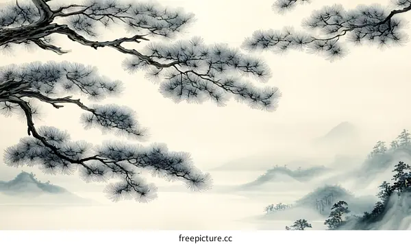 Winter Landscape with Pine Trees and Mountains