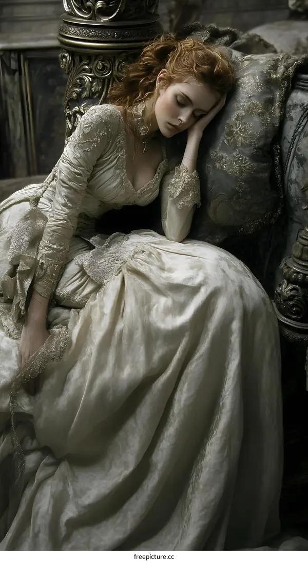 Woman in White Dress Sleeping on a Couch