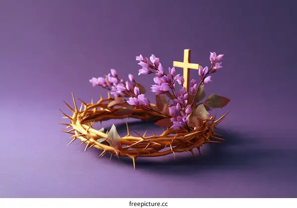 Golden Crown of Thorns with Purple Flowers and Cross