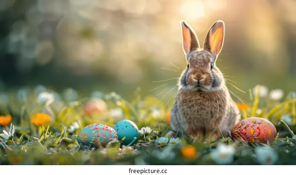 Adorable Bunny Surrounded by Vibrant Easter Eggs in a Floral Meadow